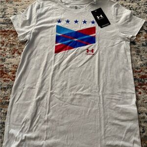 Under Armour White Tee with Red and Blue Graphic